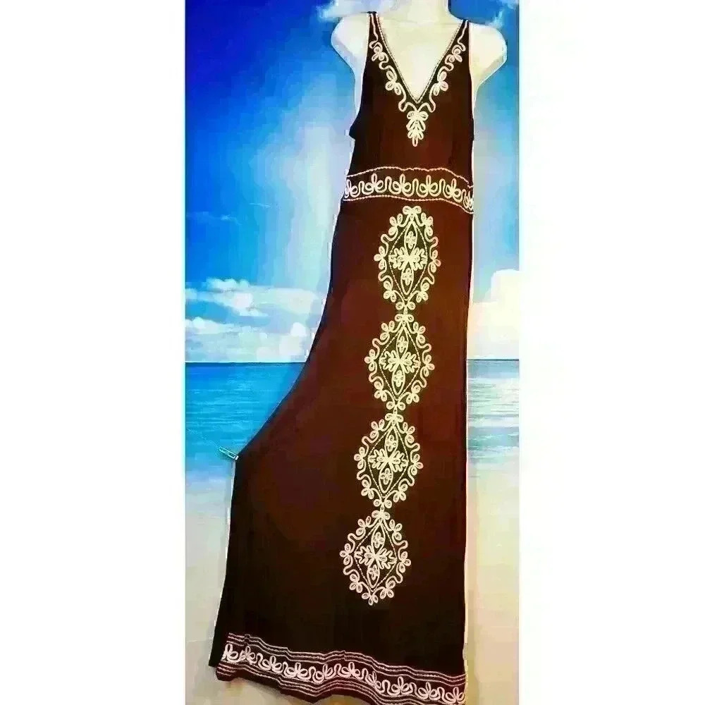 CHOCOLATE BROWN Womans MAXI Dress Rhinestone Embroidery Accents TALL size Med - Picture 2 of 10